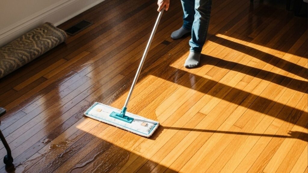 Limpeza profunda eliminando poeira acumulada que apaga o brilho da madeira