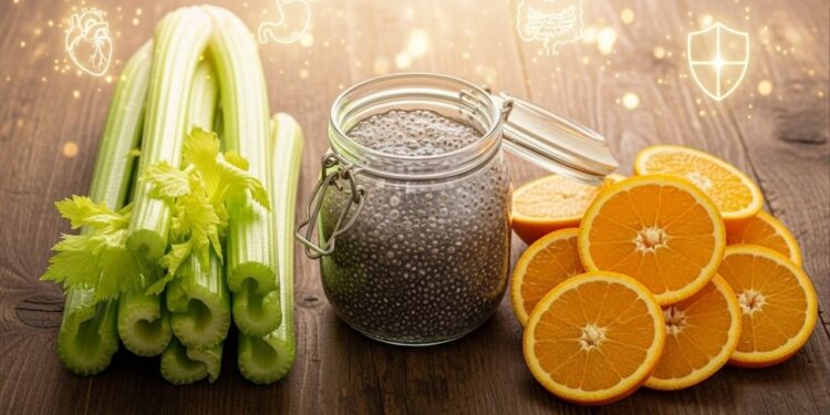 Quais são as propriedades curativas do aipo, da laranja e da água chia em jejum