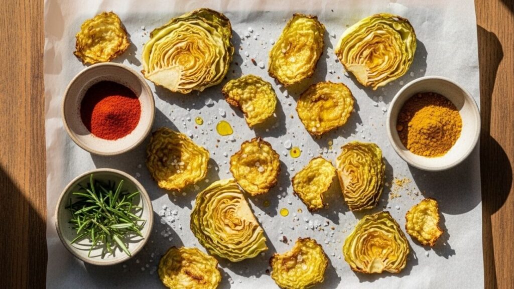 Chips de repolho no forno com 4 ingredientes e fáceis de preparar em casa