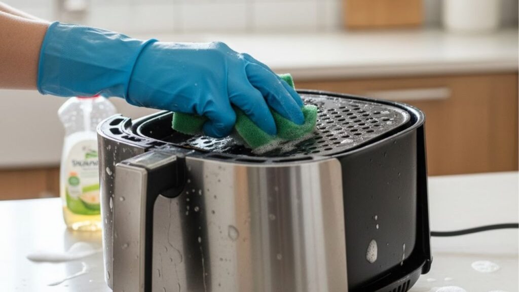 Nem escova metálica, nem lixa: este utensílio com água morna limpa a airfryer sem danificar