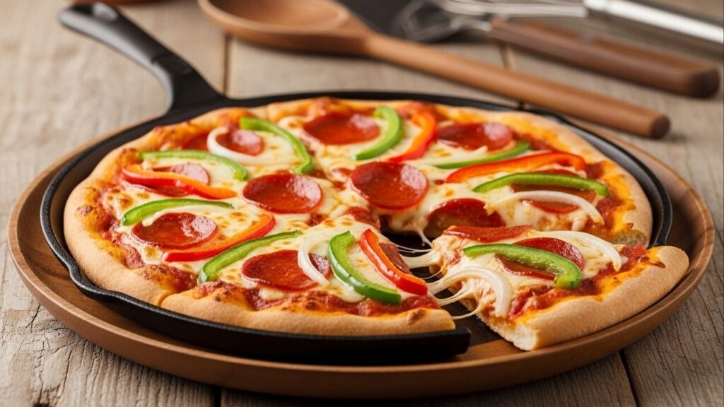 Pizza de frigideira pronta em 7 minutos com massa de 2 itens