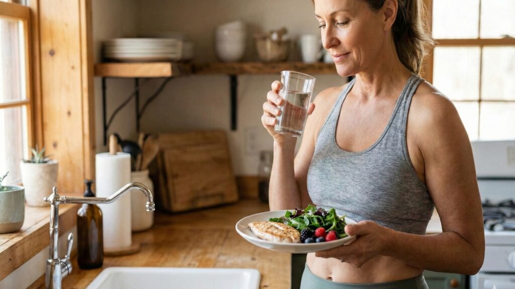 Mulher bebendo água e se alimentando com comida saudável na cozinha