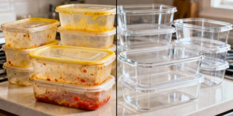 Elimine as manchas amareladas de potes plásticos com itens da cozinha