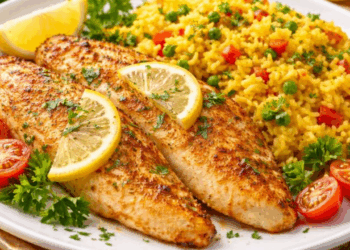 Jantar saudável pronto em 25 minutos, arroz amarelo e tilápia suculenta sem complicação