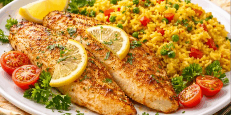 Jantar saudável pronto em 25 minutos, arroz amarelo e tilápia suculenta sem complicação