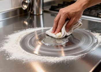 Com farinha e com detergente você consegue polir o inox da cozinha
