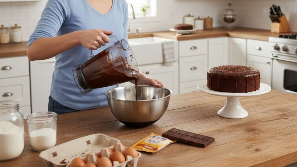 Bolo de chocolate com 3 ingredientes que fica pronto em minutos