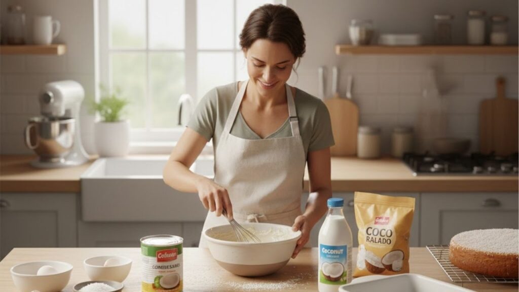 Bolo gelado de coco com 4 ingredientes, perfeito para o verão