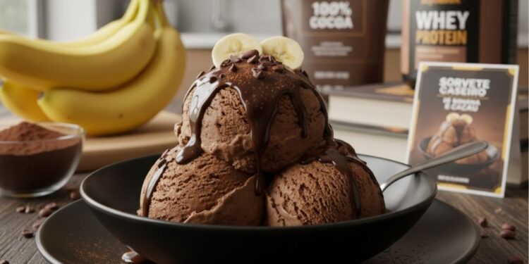 Sorvete caseiro de banana e cacau sem açúcar e sem leite