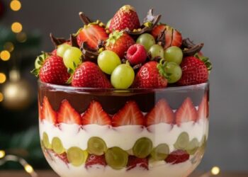 Sobremesa natalina de morango, uva e chocolate para você surpreender a família toda com um sabor inesquecível