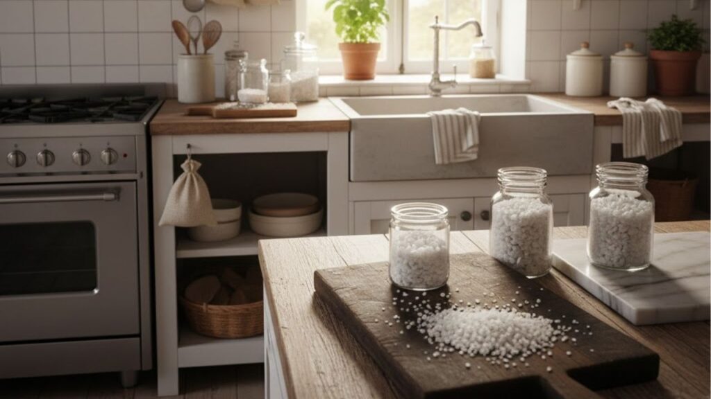 O truque da vovó com sal grosso que elimina cheiro de fritura e umidade da cozinha, usando apenas um ingrediente que você encontra no supermercado