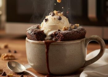 Brownie de micro-ondas feito com apenas 4 ingredientes e fica pronto em 3 minutos, uma opção prática e deliciosa para saborear no lanche da tarde