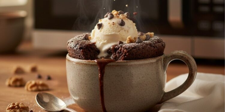 Brownie de micro-ondas feito com apenas 4 ingredientes e fica pronto em 3 minutos, uma opção prática e deliciosa para saborear no lanche da tarde