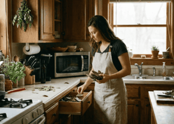 mulher colocando as folhas de louro pela casa