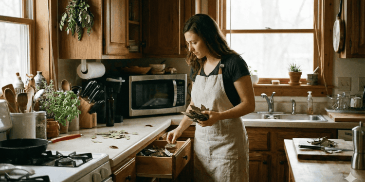 mulher colocando as folhas de louro pela casa