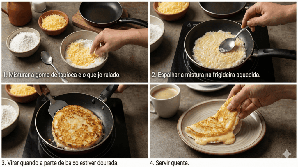 Etapas do preparo do pão de queijo de frigideira
