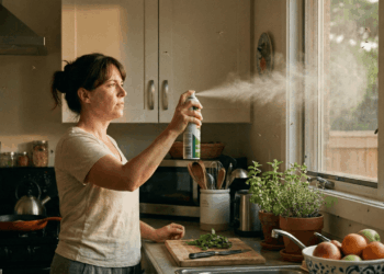 Mulher jogando repelente caseiro na cozinha