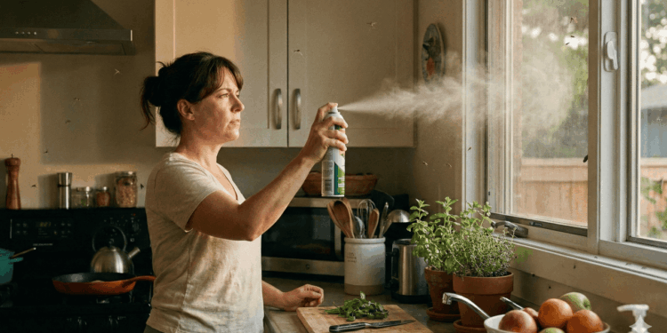Mulher jogando repelente caseiro na cozinha