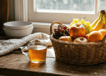 Copo de vinagre ao lado do cesto de frutas para espantar moscas