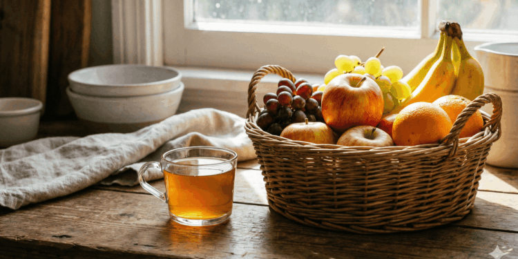 Copo de vinagre ao lado do cesto de frutas para espantar moscas