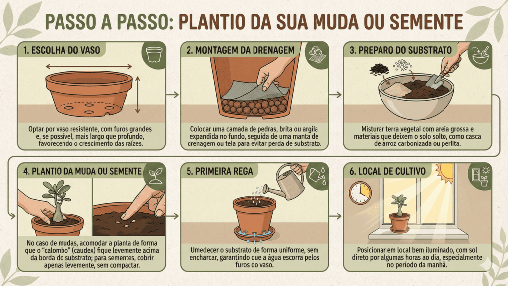 informativo de passo a passo para plantar a rosa do deserto