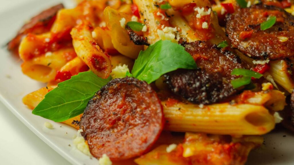 Esse macarrão com calabresa fica pronto em 15 minutos e parece jantar de chef