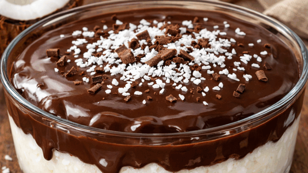 Aprenda a fazer essa sobremesa gelada de maria-mole que combina base cremosa de coco e ganache de chocolate