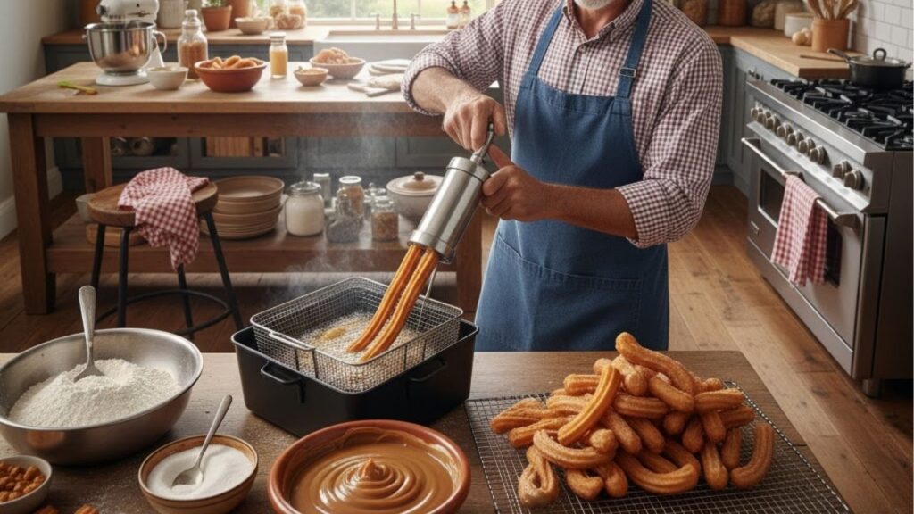 Aprenda a fazer churros em casa e nunca mais vá em feiras comer este delicioso doce, receita prática que deixa a massa crocante por fora e macia por dentro