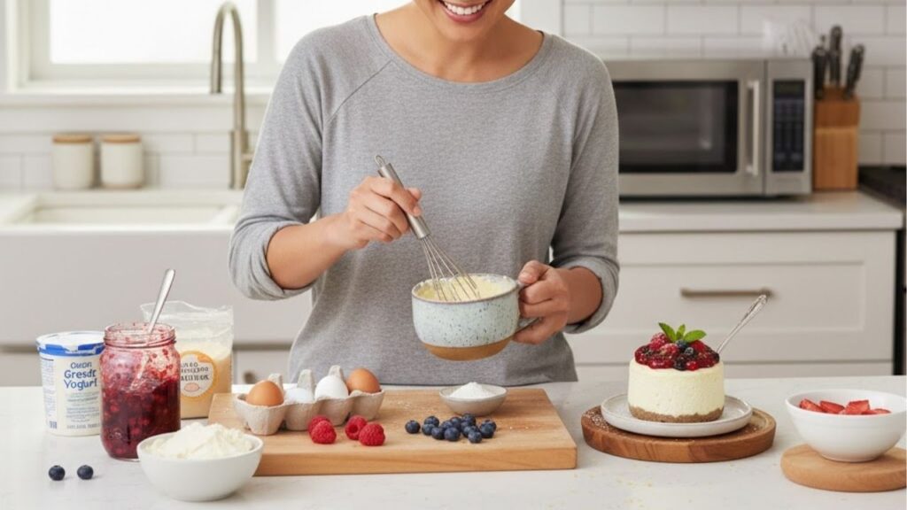 Cheesecake de micro-ondas que fica pronto em 5 minutos, com textura cremosa e sabor irresistível para o seu lanche da tarde