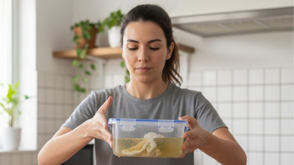 Você vai precisar de apenas uma folha de papel toalha para remover toda a gordura do pote de plástico e deixá-lo limpo em menos de 3 minutos