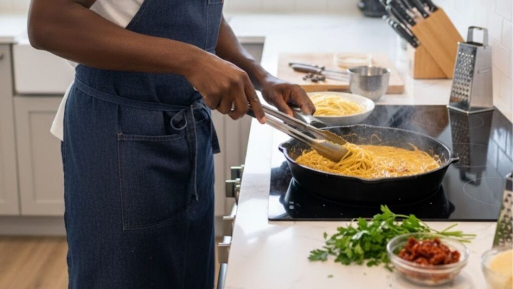 Testamos a receita de espaguetine cremoso usando uma única frigideira e nos surpreendemos com o sabor leve e sofisticado