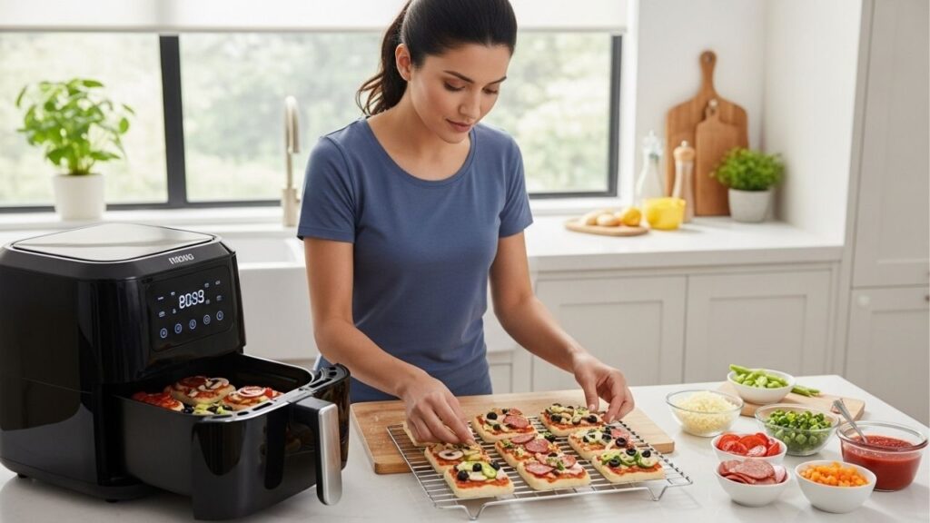 Nem forno, nem micro-ondas, aprenda a fazer deliciosas mini pizzas na air fryer utilizando massa de pastel, queijo e presunto
