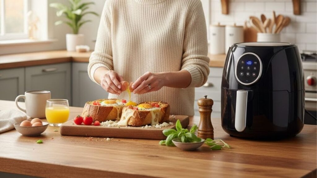 Reaproveite o pão de ontem fazendo esta receita de café da manhã na air fryer, crocante por fora e cremoso por dentro, uma opção criativa e deliciosa
