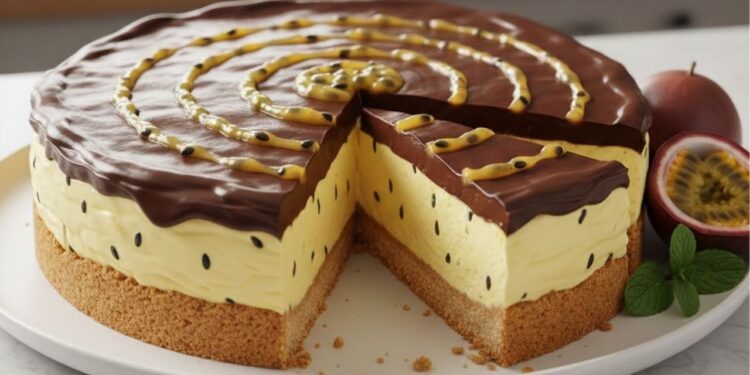 Sem gelatina, nem suco em pó, torta de maracujá trufada feita com a própria fruta, combinando crocância, cremosidade e sabor