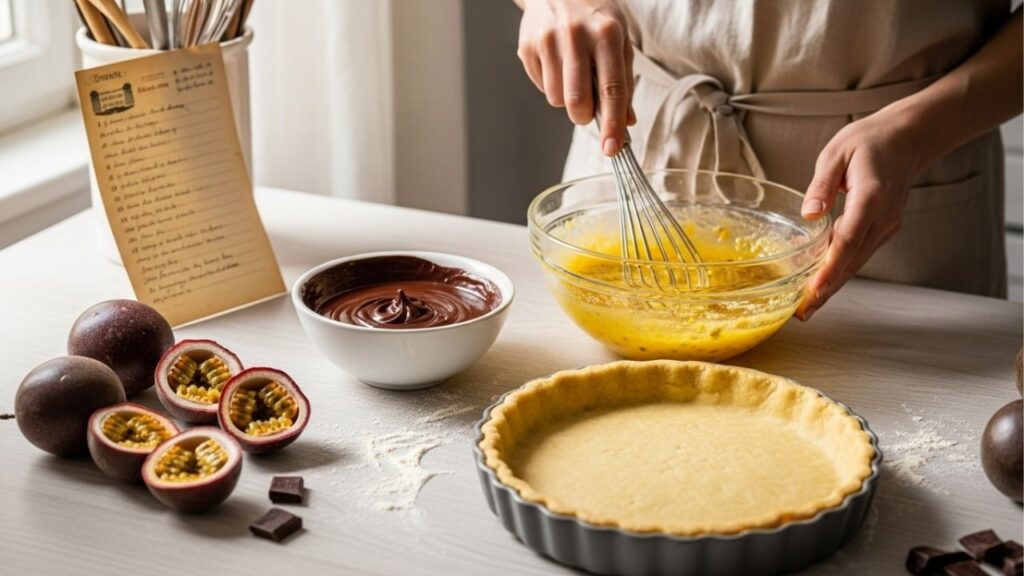 Sem gelatina, nem suco em pó, torta de maracujá trufada feita com a própria fruta, combinando crocância, cremosidade e sabor