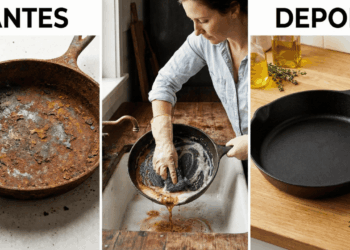 antes e depois de lavar uma panela enferrujada