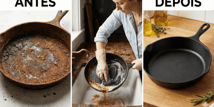 antes e depois de lavar uma panela enferrujada