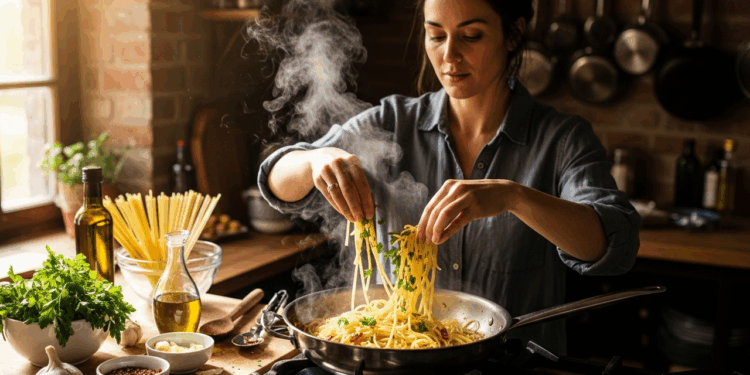 Esta receita de macarrão ao alho e óleo é tão rápida que parece mágica na cozinha
