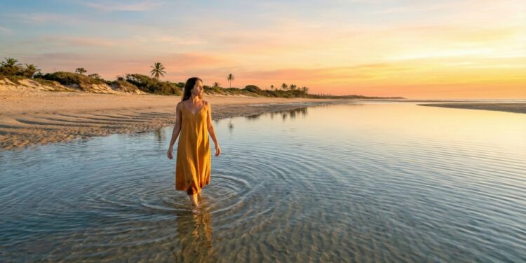 A praia de águas cristalinas que refletem o céu para você curtir o pôr do sol mais lindo