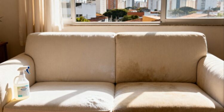 Apenas 2 colheres e o sofá claro volta à cor original, manchas antigas somem em 20 minutos