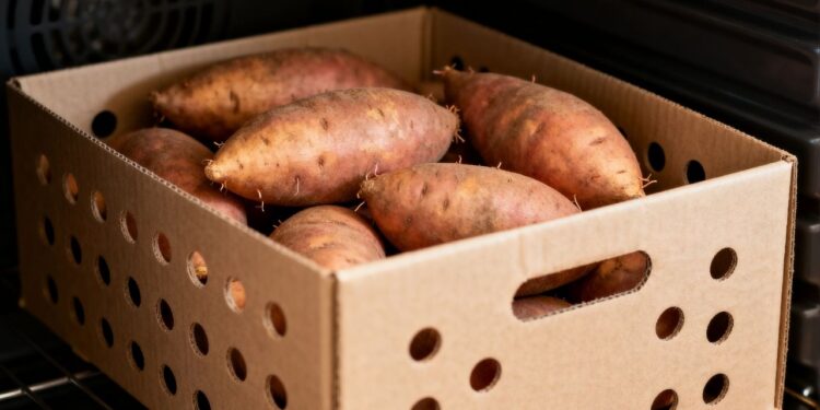 As batatas não brotam nem ficam moles por até 3 meses quando armazenadas corretamente dentro do armário