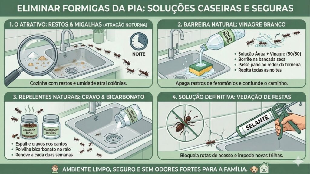 Como eliminar formigas da pia da cozinha usando soluções caseiras que não deixam cheiro forte nem intoxicam crianças
