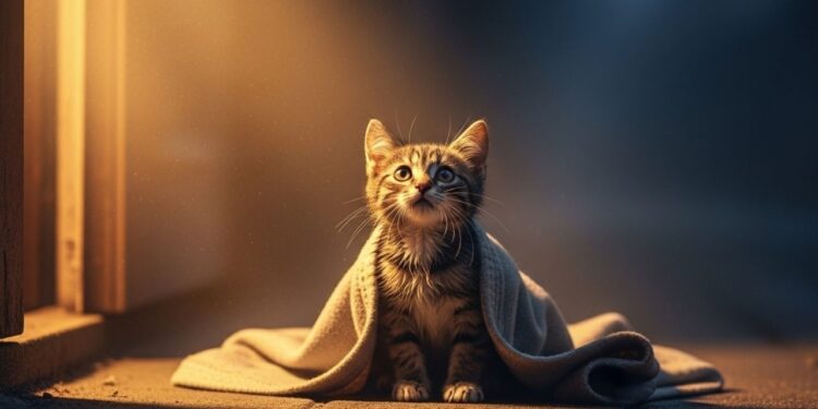 Um gatinho veio miando por socorro no frio congelante, então eu o trouxe para casa e o aqueci...