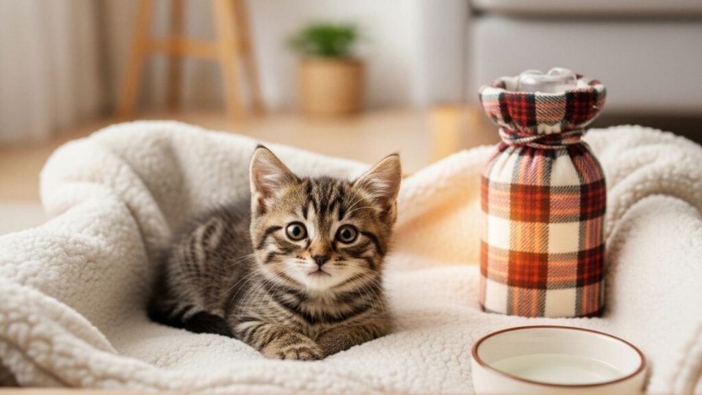 Um gatinho veio miando por socorro no frio congelante, então eu o trouxe para casa e o aqueci...