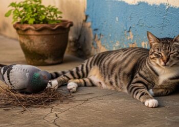 "Pai é quem cria", pombo tenta construir ninho para gata prestes a dar à luz, emocionando moradores