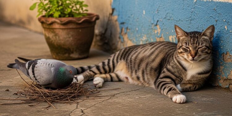"Pai é quem cria", pombo tenta construir ninho para gata prestes a dar à luz, emocionando moradores