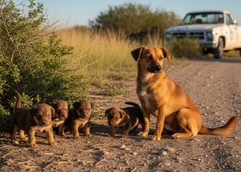 Cachorrinha na estrada chama a atenção de casal que para o carro e, do nada, percebem que ela não está sozinha