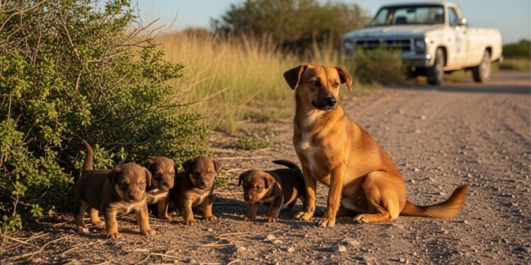 Cachorrinha na estrada chama a atenção de casal que para o carro e, do nada, percebem que ela não está sozinha