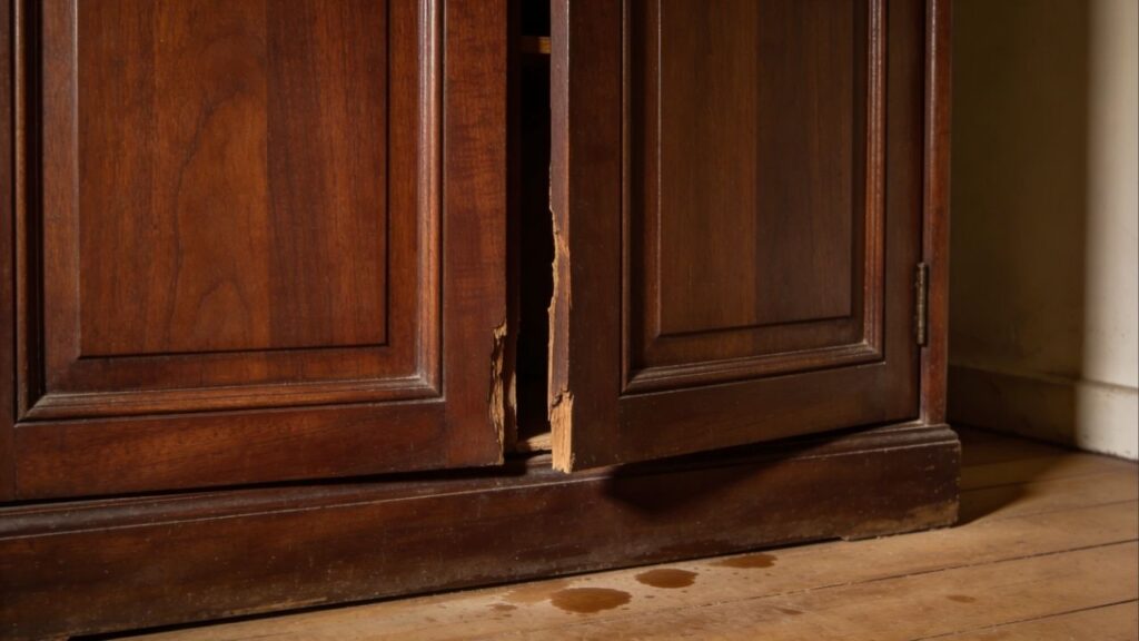 O armário de madeira maciça dos anos 70 que incha com a umidade e começa a travar as porta