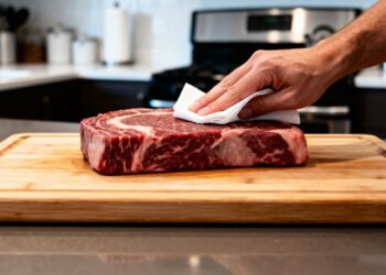 Por que é recomendado secar a carne com papel-toalha antes de levar à frigideira, e como isso é feito?